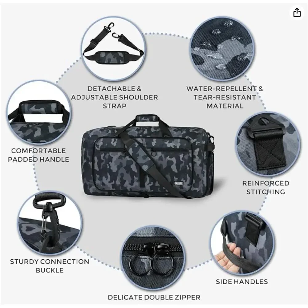 Foldable Travel Duffle Bag with Shoes Compartment, Water Repellent- Black Camo